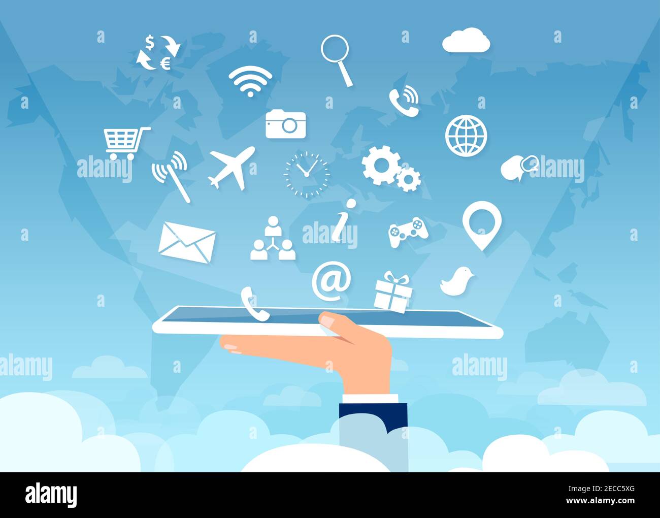 Vector of a hand holding tablet computer with multiple social media app icons above clouds Stock Vector