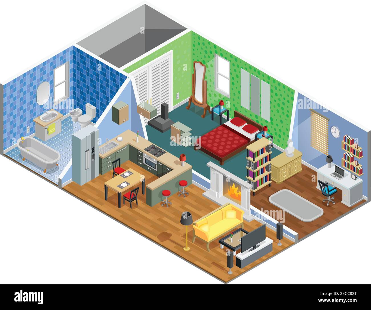 House interior isometric design with living room bathroom kitchen ...