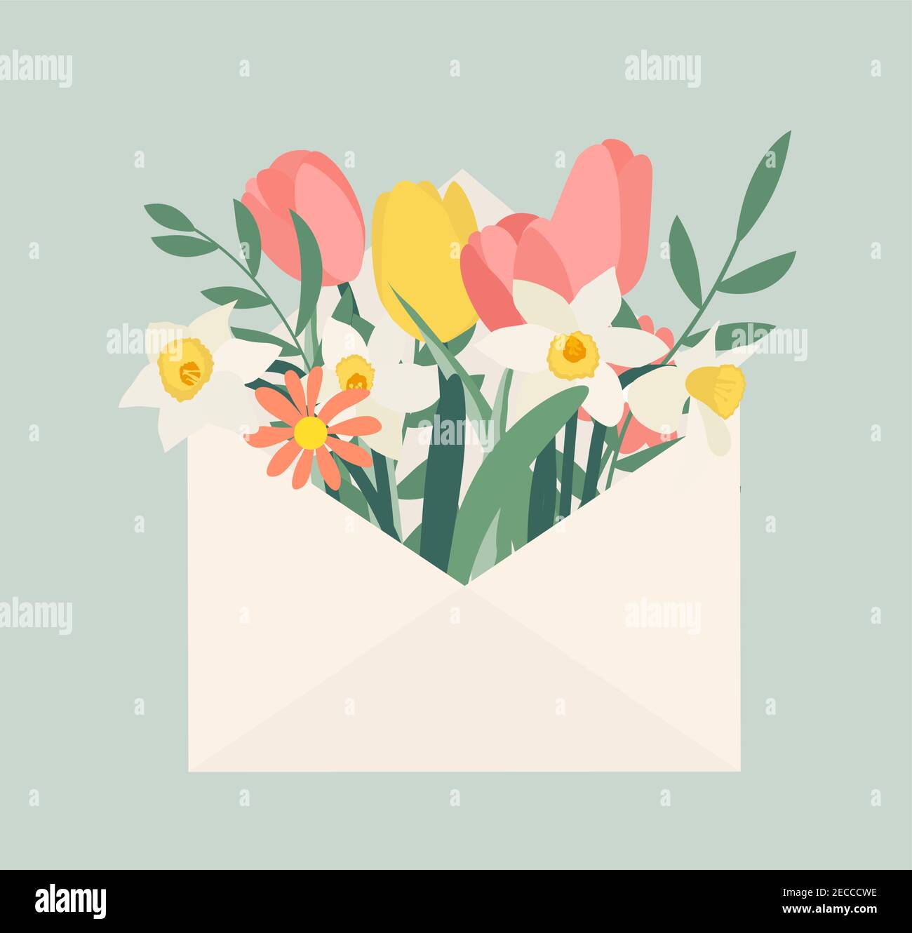 Bouquet of spring flowers tulips and daffodils in envelope. Vector ...