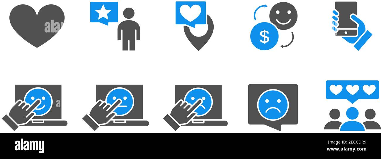 Set of feedback colored icons. Like and dislike, charity, favorite, quality control, customer review and more. Stock Vector
