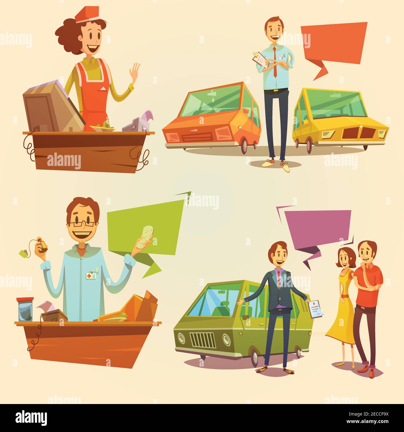 Salesman retro cartoon set with car dealer and pharmacy salesman