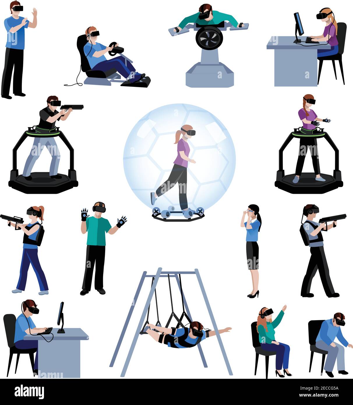 Virtual and augmented reality active experience with computer technology flat people pictograms collection abstract  isolated vector illustration Stock Vector