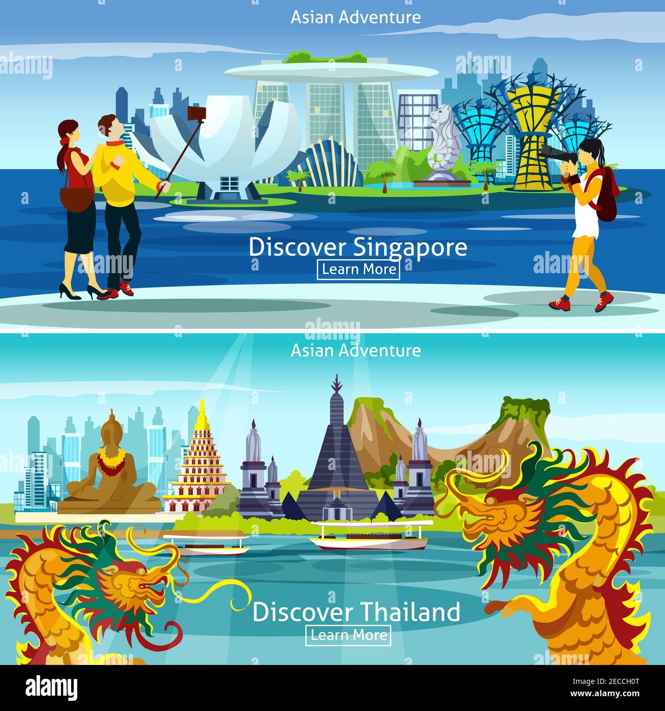 Asian travel banners set with Thailand and Singapore panorama isolated