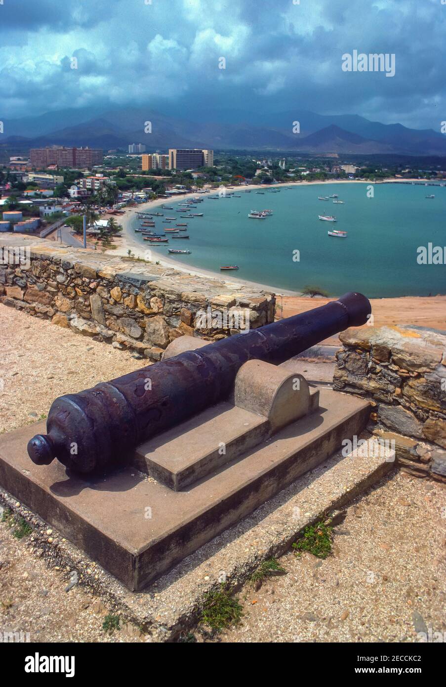 ISLA DE MARGARITA, NUEVA ESPARTA, VENEZUELA - Margarita Island, canon overlooking harbor. Stock Photo