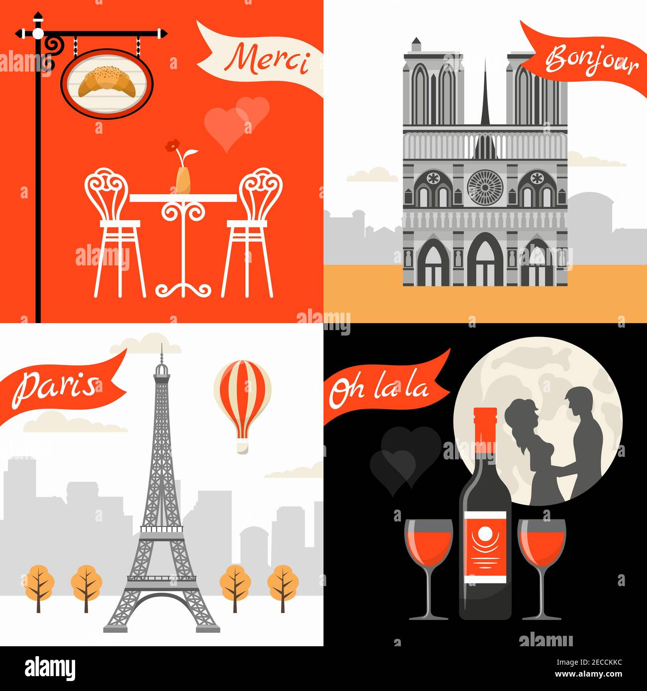 France Paris Retro Style Concept with triumphal arch eiffel tower street cafe romantic appointment isolated vector illustration Stock Vector