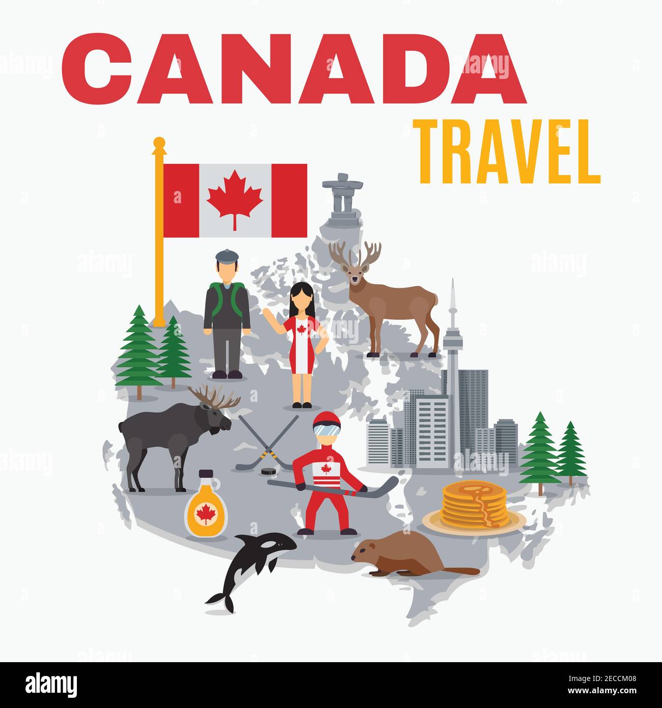 Decorative map canada poster with flag national food hockey skyscrapers and spruces on white background vector illustration Stock Vector
