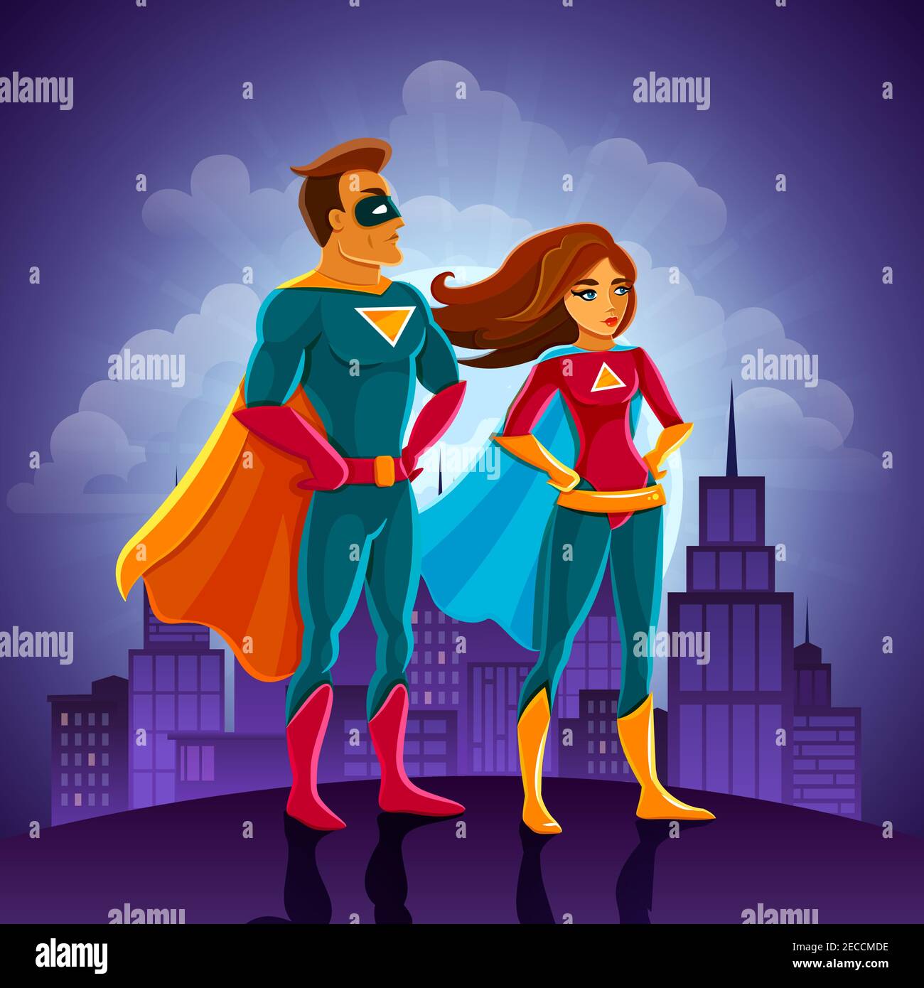 Super Heroes Couple Man And Woman Standing With The Cityscape Vector Illustration Stock Vector