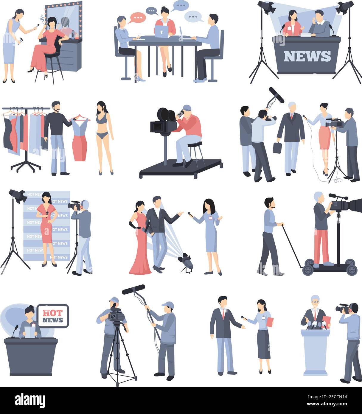 Pressman and operator icon set with reporter journalists celebrities news vector illustration Stock Vector