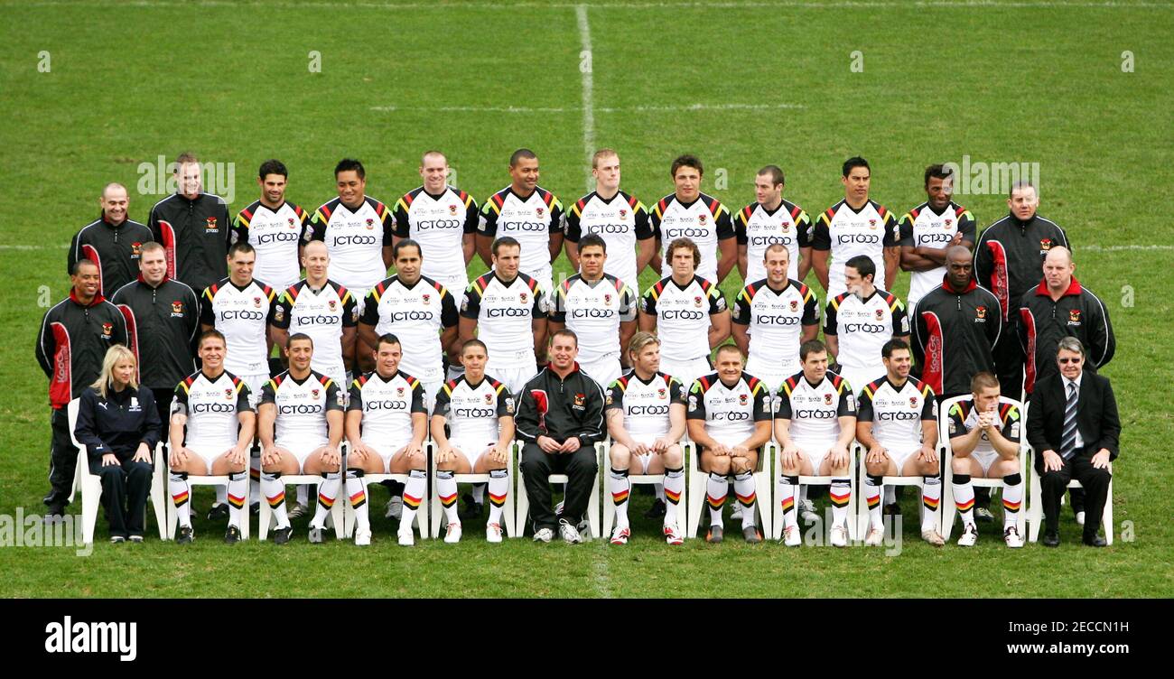 Rugby League - Bradford Bulls Photocall 2008 - Grattan Stadium - 22/1/08  (L-R Backrow) Andy Senior (masseur), Martin Higgins (physio), Chris Nero,  Joe Vagana, Chris Feather, Tame Tupou, Craig Kopczak, Sam Burgess,