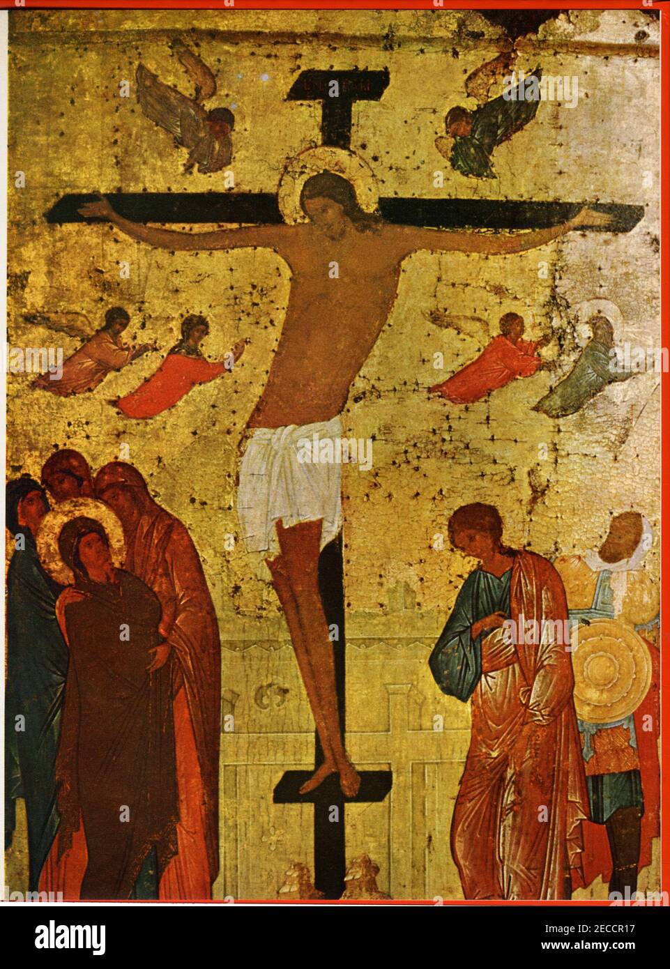 icone de Dionissi.La Crucifiction.1500.cathédrale de la Trinité du monastère Pavlo-Obnorsk. Stock Photo