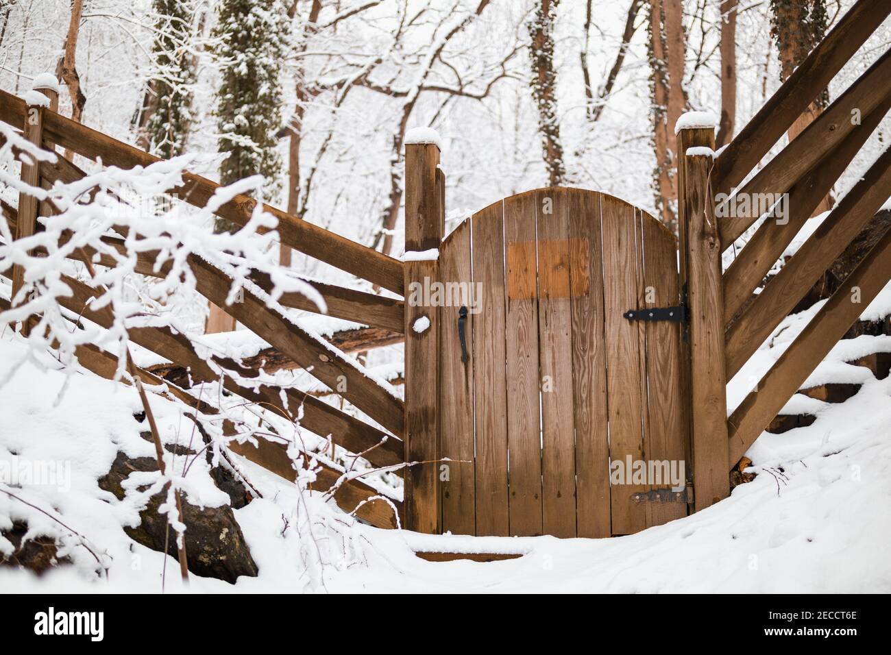 Gate in a snow-covered forest Stock Photo