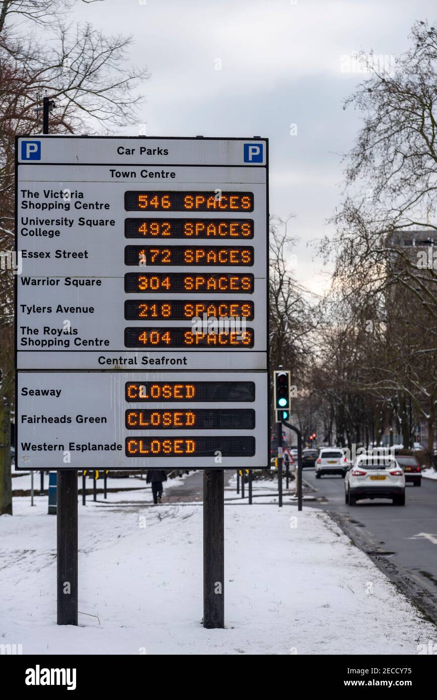 Car Parks spaces available sign in Southend on Sea, Essex, UK, with snow from Storm Darcy. Town centre car parks. Central seafront car parks closed Stock Photo