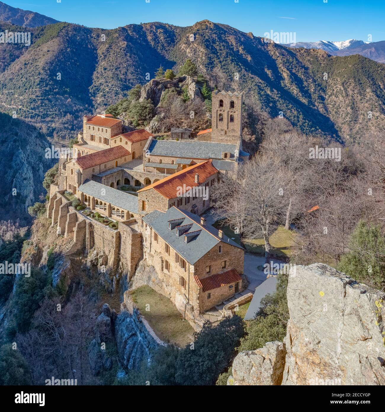 Best view of the Abbey of Saint-Martin-du-Canigou located in southern France, taken in winter Stock Photo