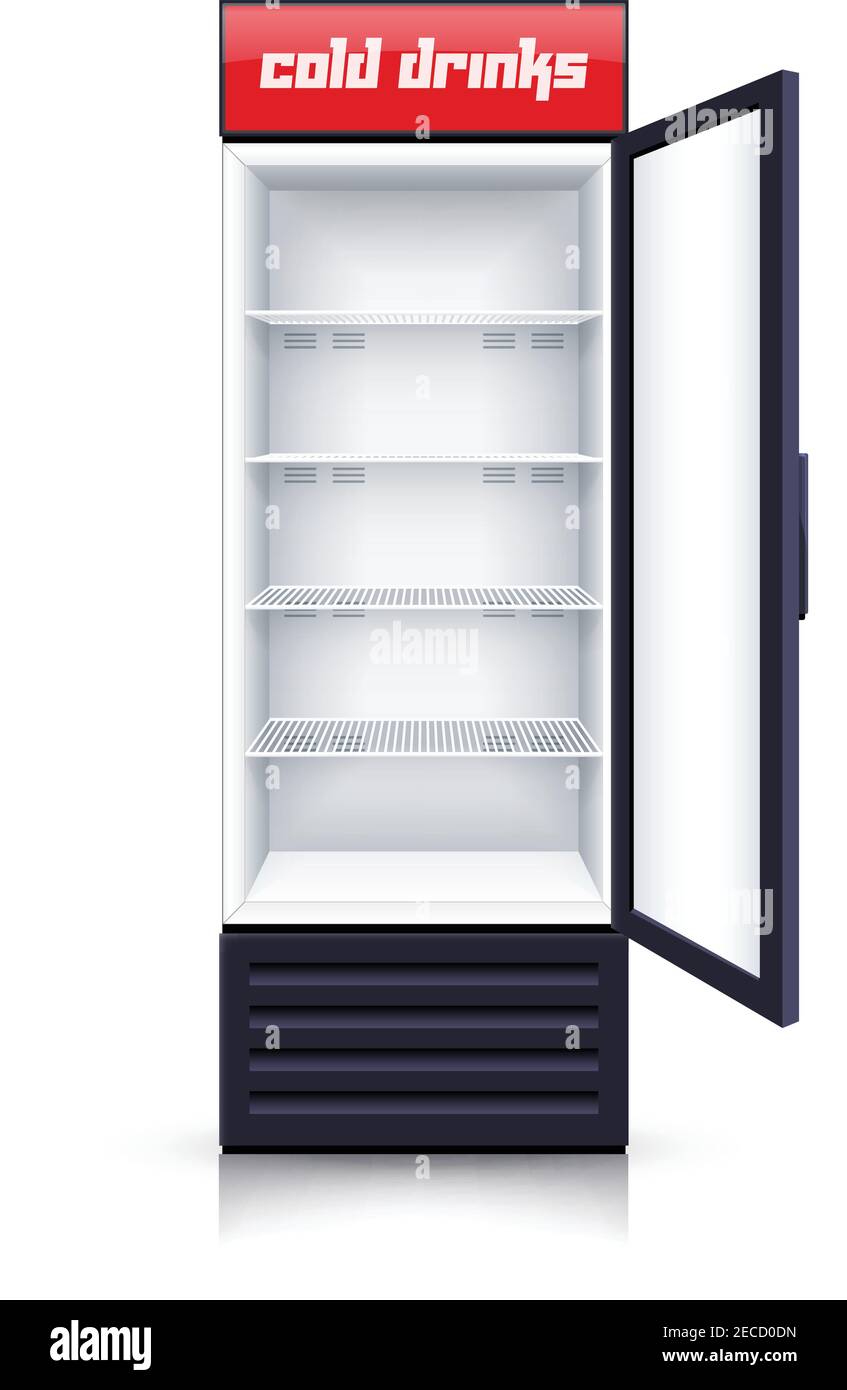 Modern vertical refrigerator with open transparent front panel for cooling drinks realistic background isolated vector Illustration Stock Vector