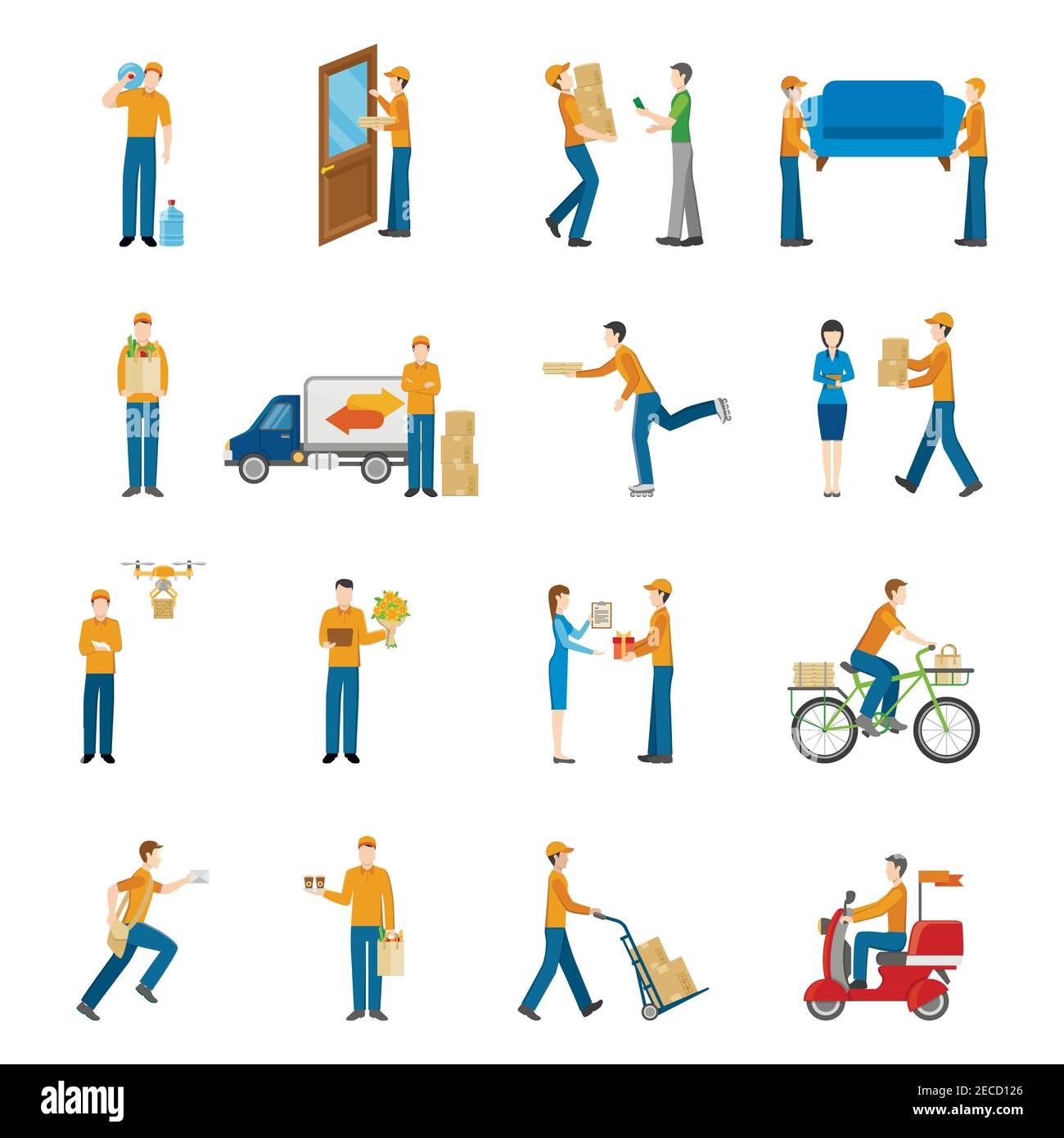 Delivery courier people delivering goods by different types of transport icons set on white background flat isolated vector illustration Stock Vector