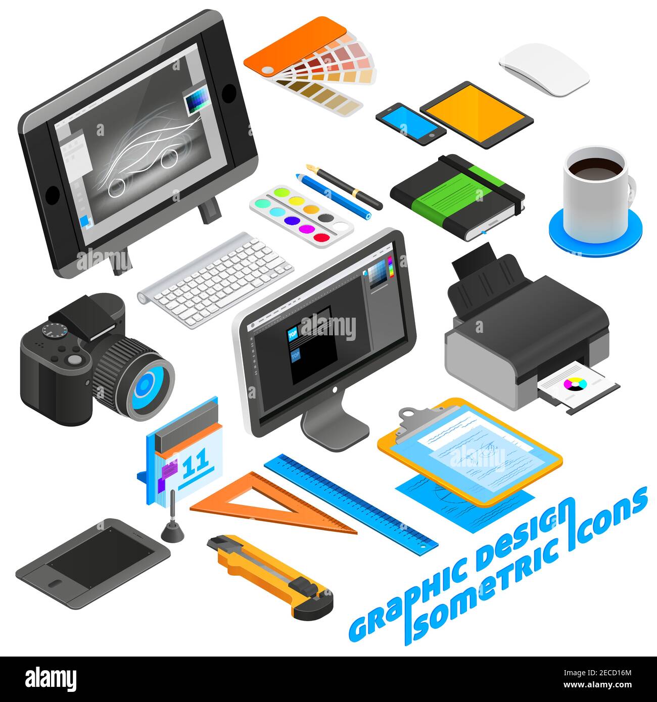 Graphic design isometric icons set with computer and camera isolated vector illustration Stock Vector