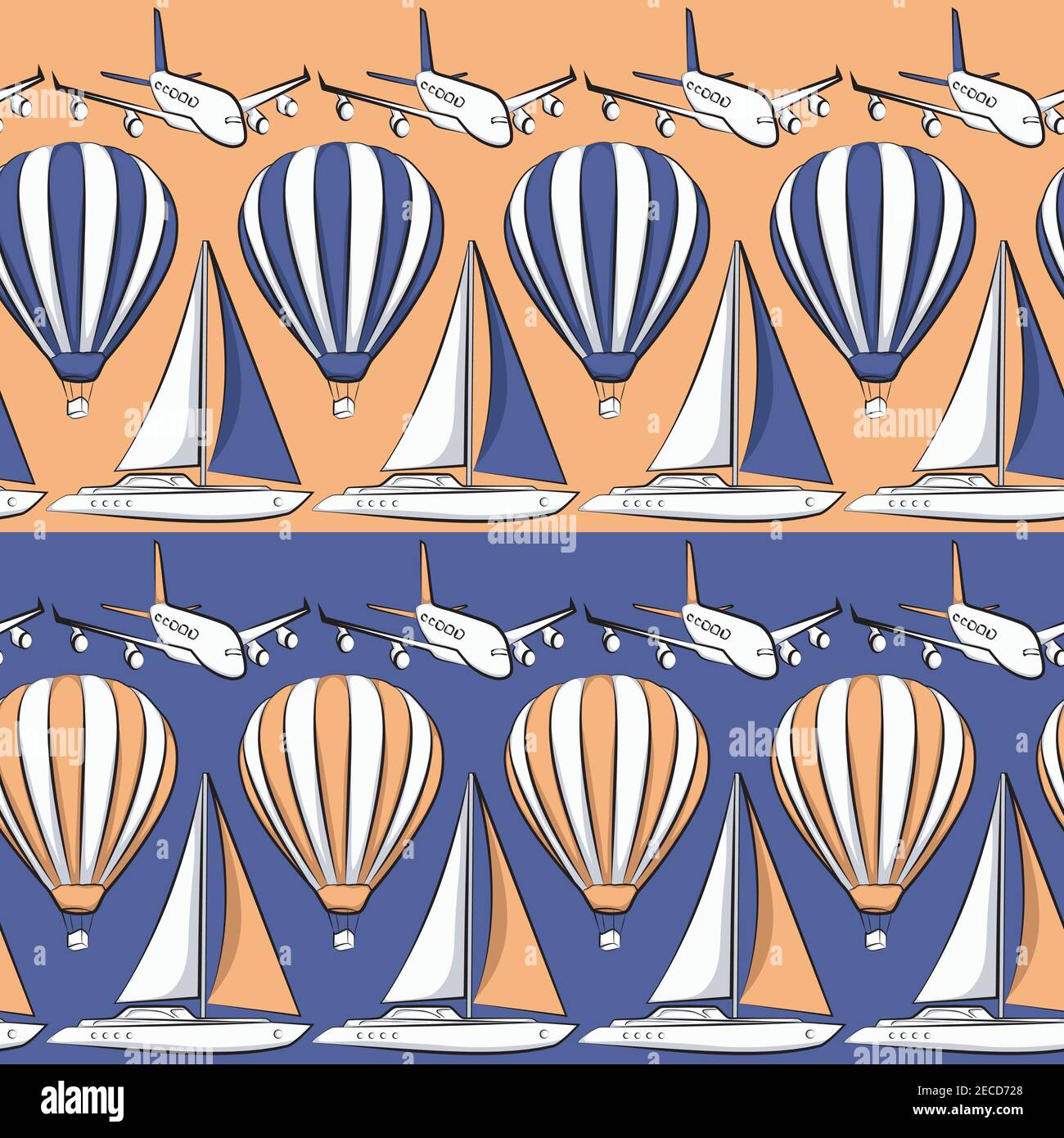 Vector seamless pattern with boat, airplane and air balloon. Stock Vector