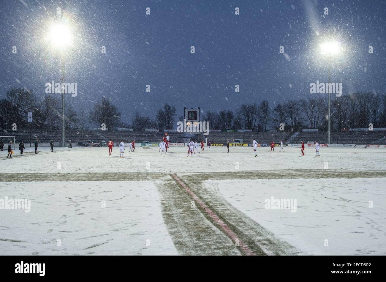 Sofia, Bulgaria - Feb 13 2021: Slavia stadium covered in snow during a football match between CSKA Sofia and Slavia Stock Photo