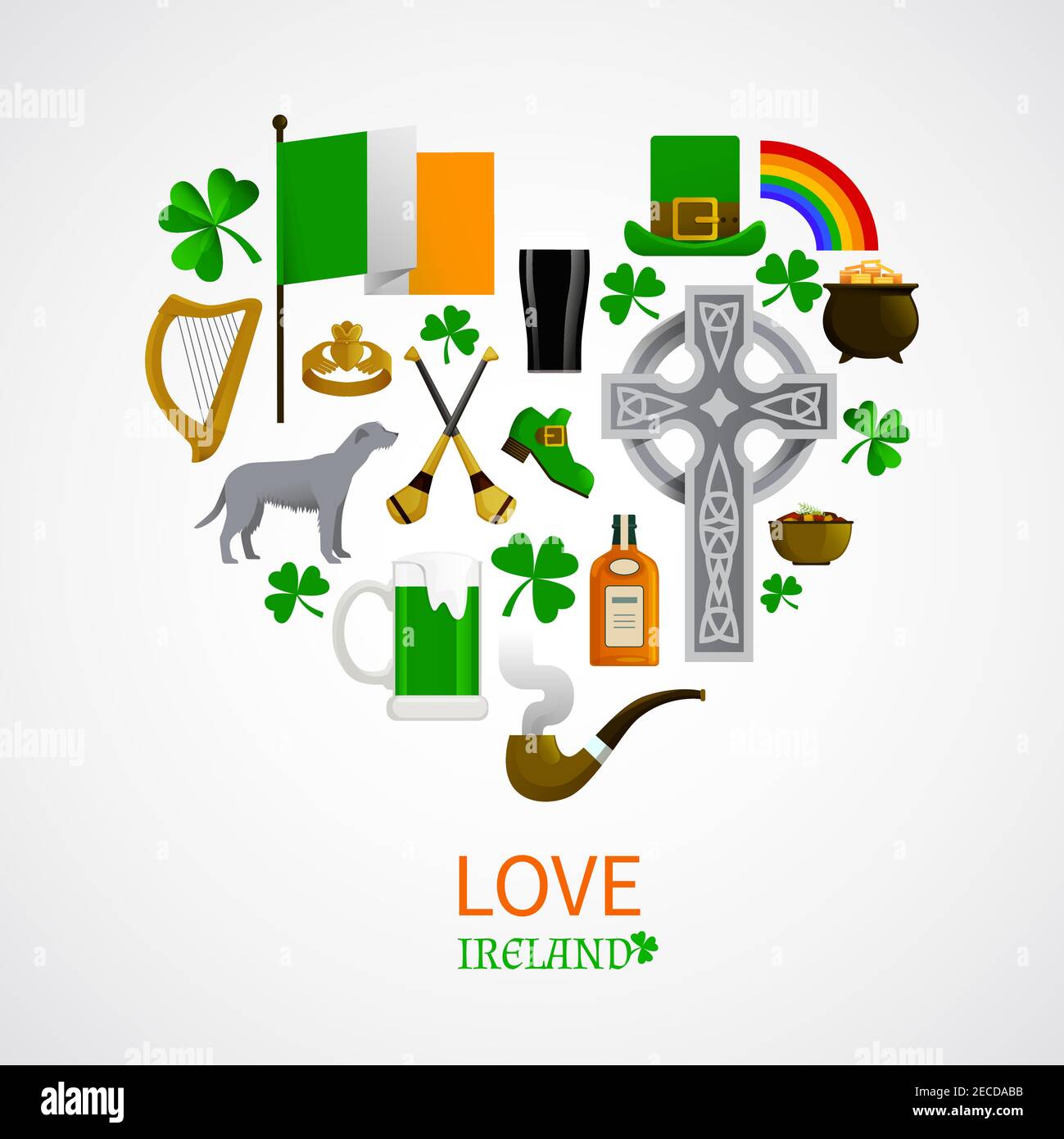 Ireland national traditions icons composition with shamrock leprechaun whisky harp irish terrier vector illustration Stock Vector