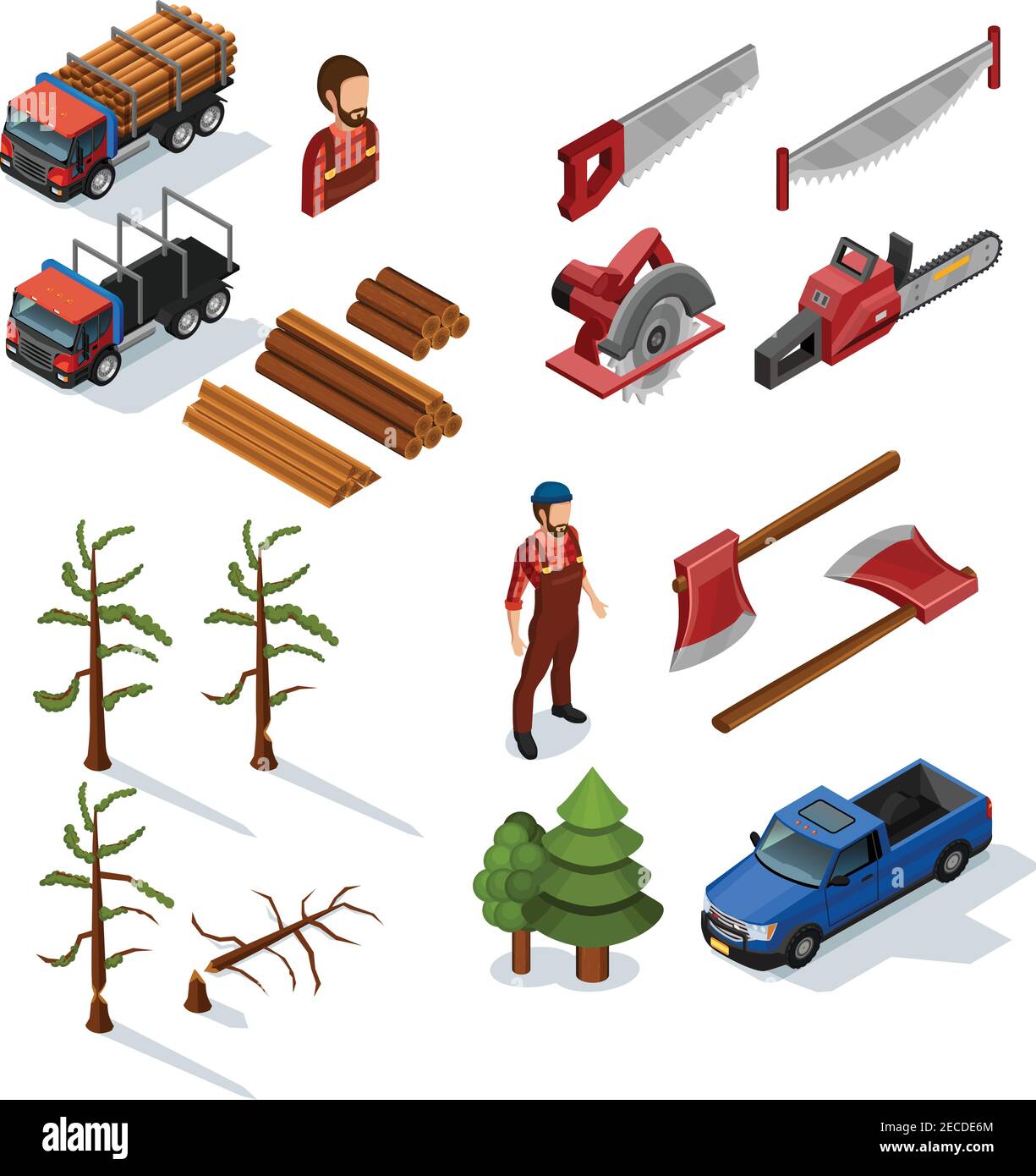 Lumberjack isometric color icons set of woodworking tools lumber trucks woodcutters in uniform  on white background flat isolated vector illustration Stock Vector