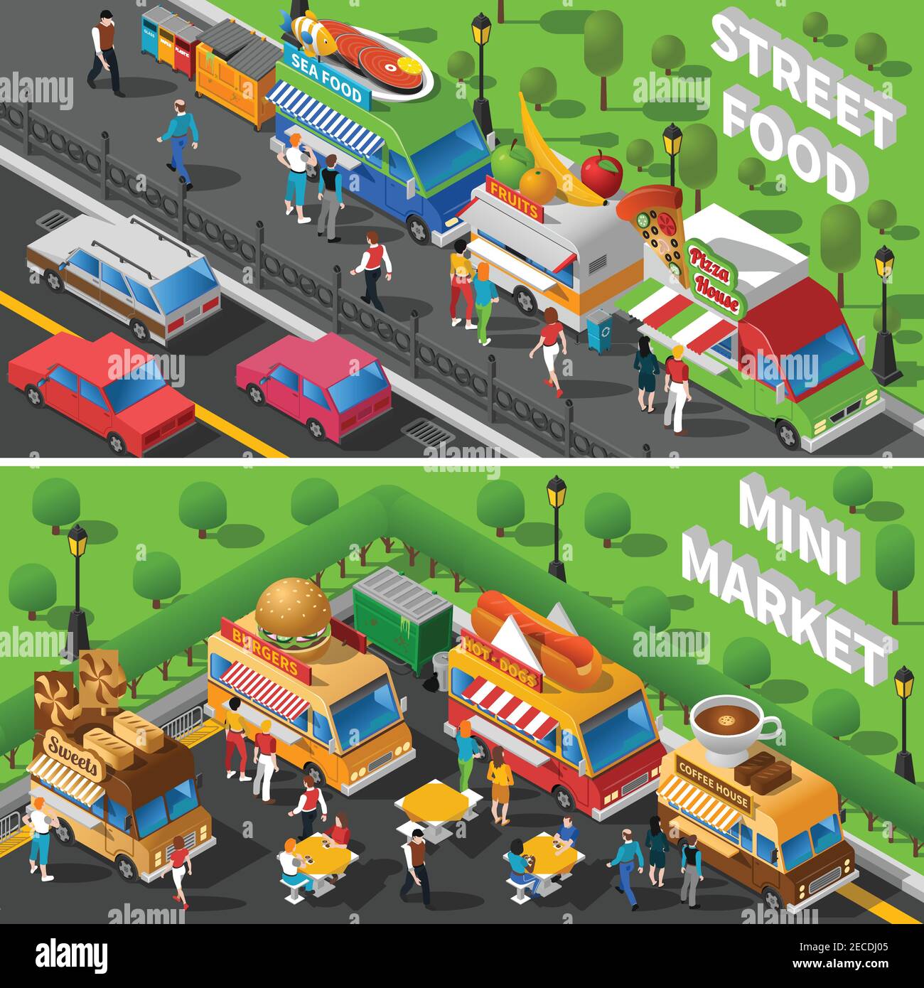Street Food Isometric Concept. Food Car Horizontal Banners Set. Street