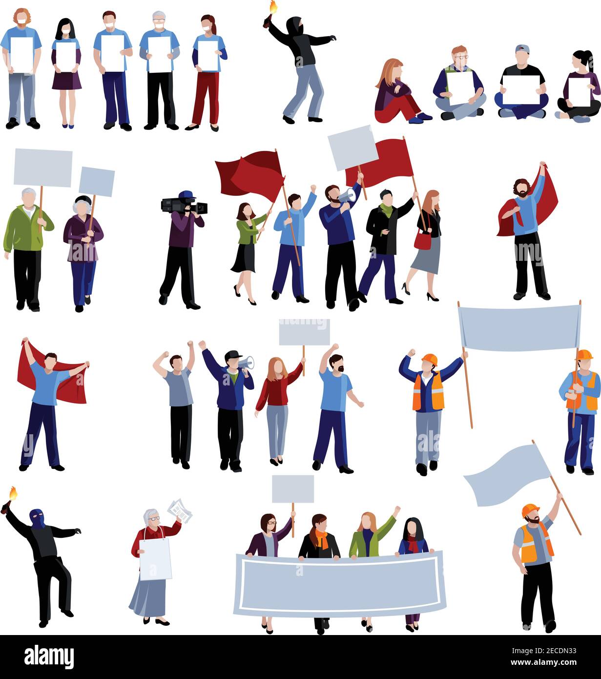 Flag Protest Vector Demonstration protest people holding megaphones flags and placards on ...