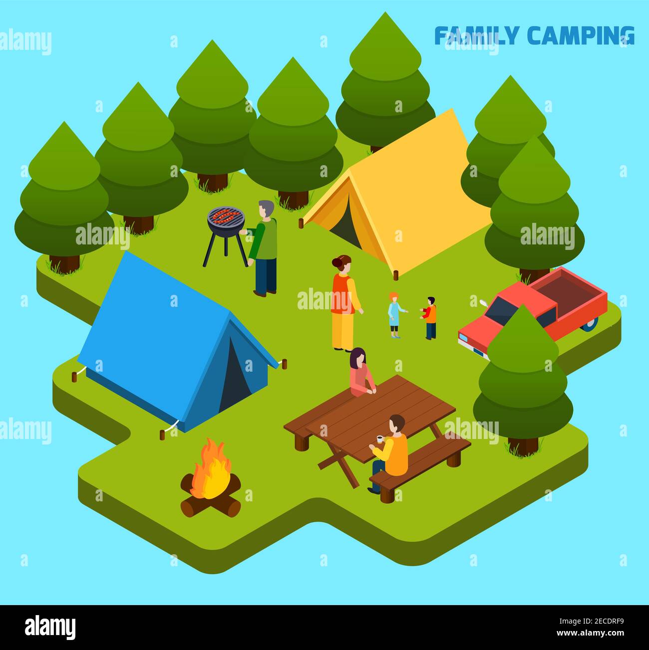 Camping and travel isometric composition with family having rest in ...