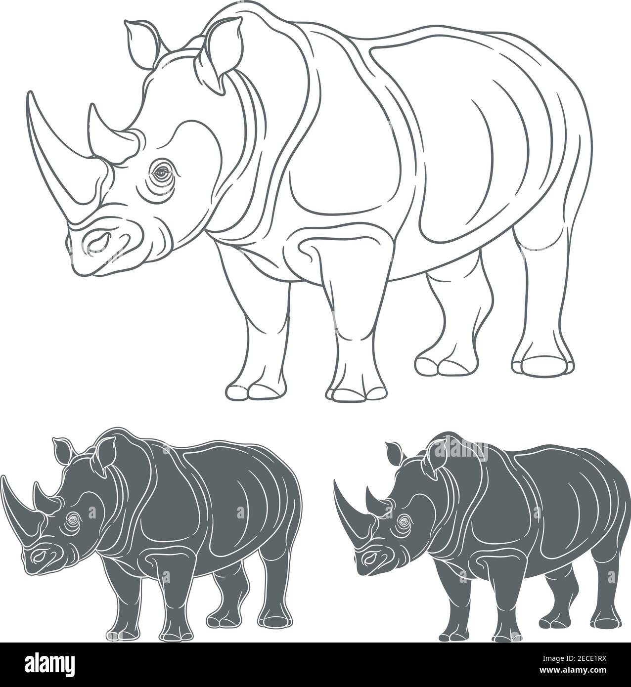 Set of images with a rhinoceros. Isolated objects on a white background. Stock Vector