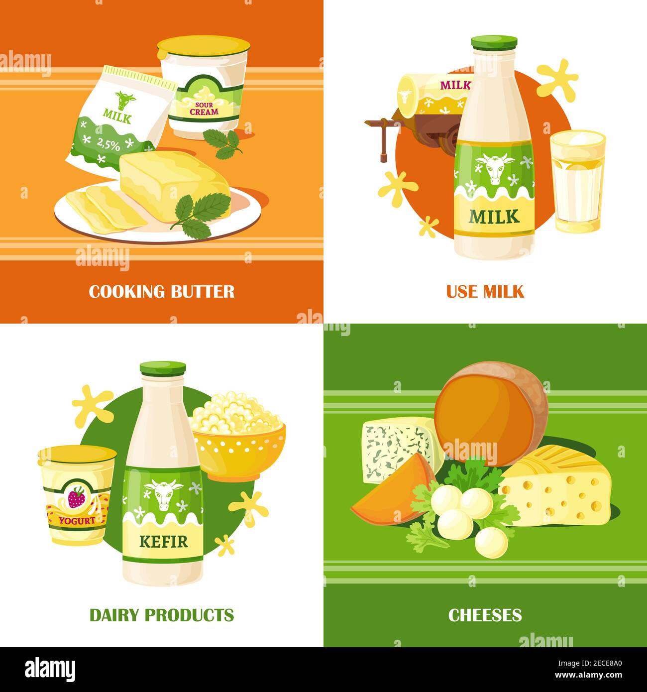Milk and cheese 2x2 design concept set of dairy products with kefir and ...