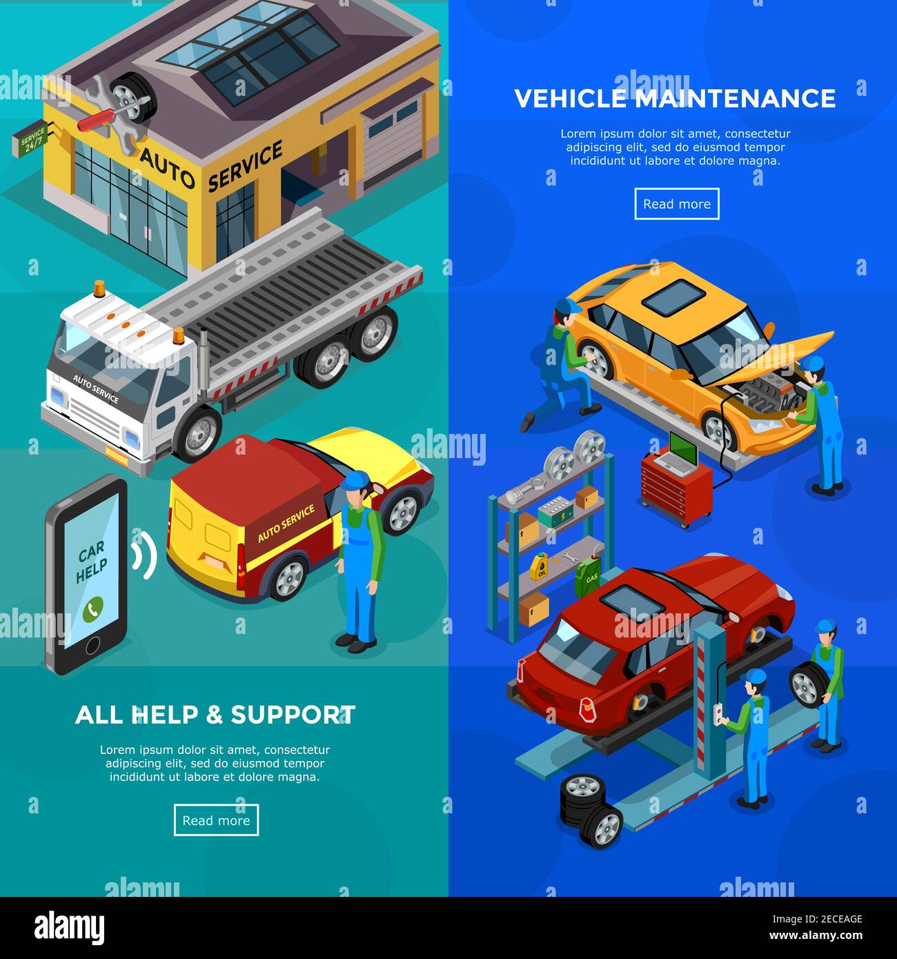 Car service vertical banners set of technical support information and