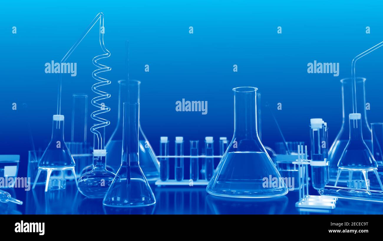 chemistry concept, laboratory test-tubes and other glassware - may be used  as biochemistry background, 3D illustration of objects Stock Photo - Alamy