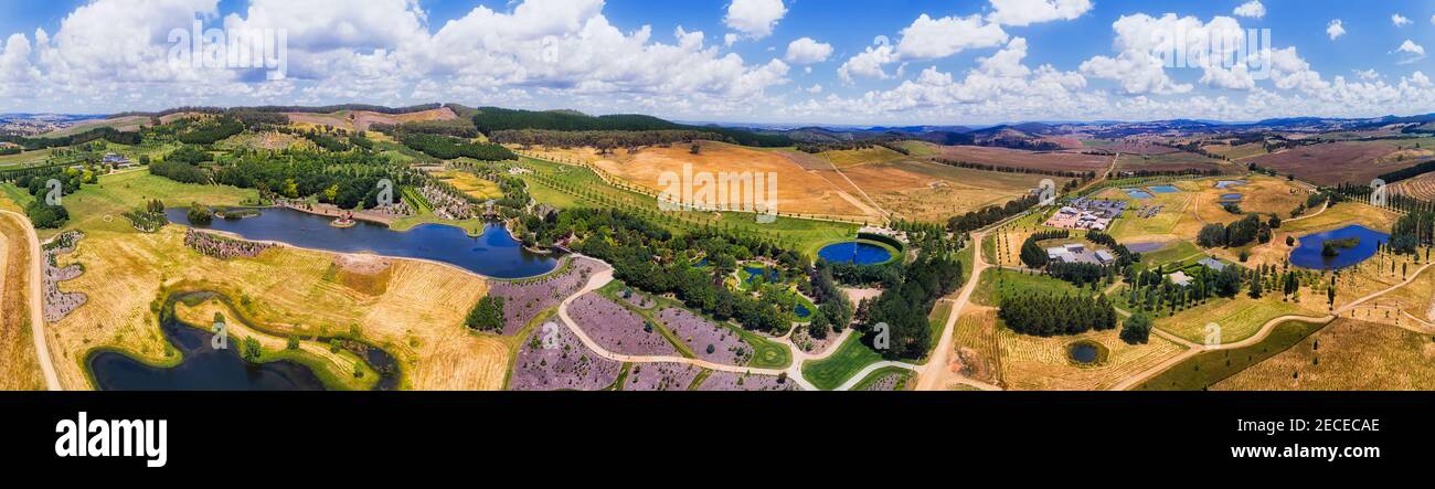 Aerial panorama of agriculture farmlands near Oberon town in Central tablelands of NSW, australia, around Mayfield garden. Stock Photo