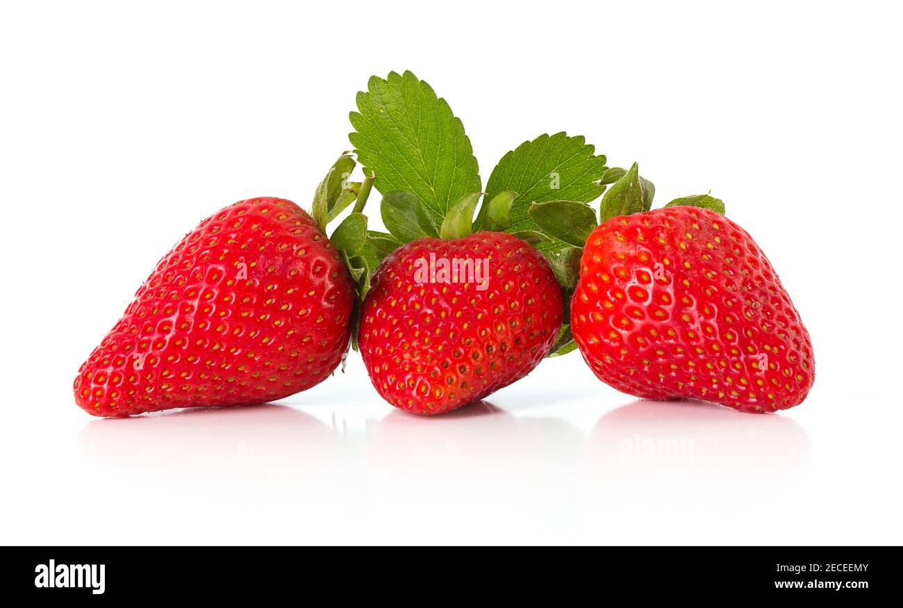 Three fresh strawberries isolated on a white background Stock Photo - Alamy