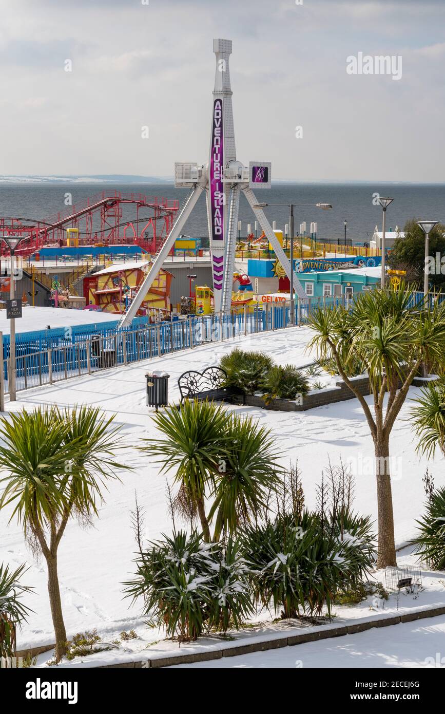 Adventure Island theme park in Southend on Sea, Essex, UK, with snow