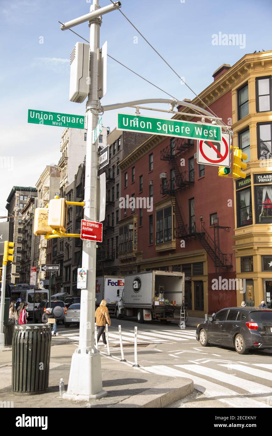 Northwest corner of Union Square at 17th Street and Union Aquare West in Manhattan, New York City. Stock Photo