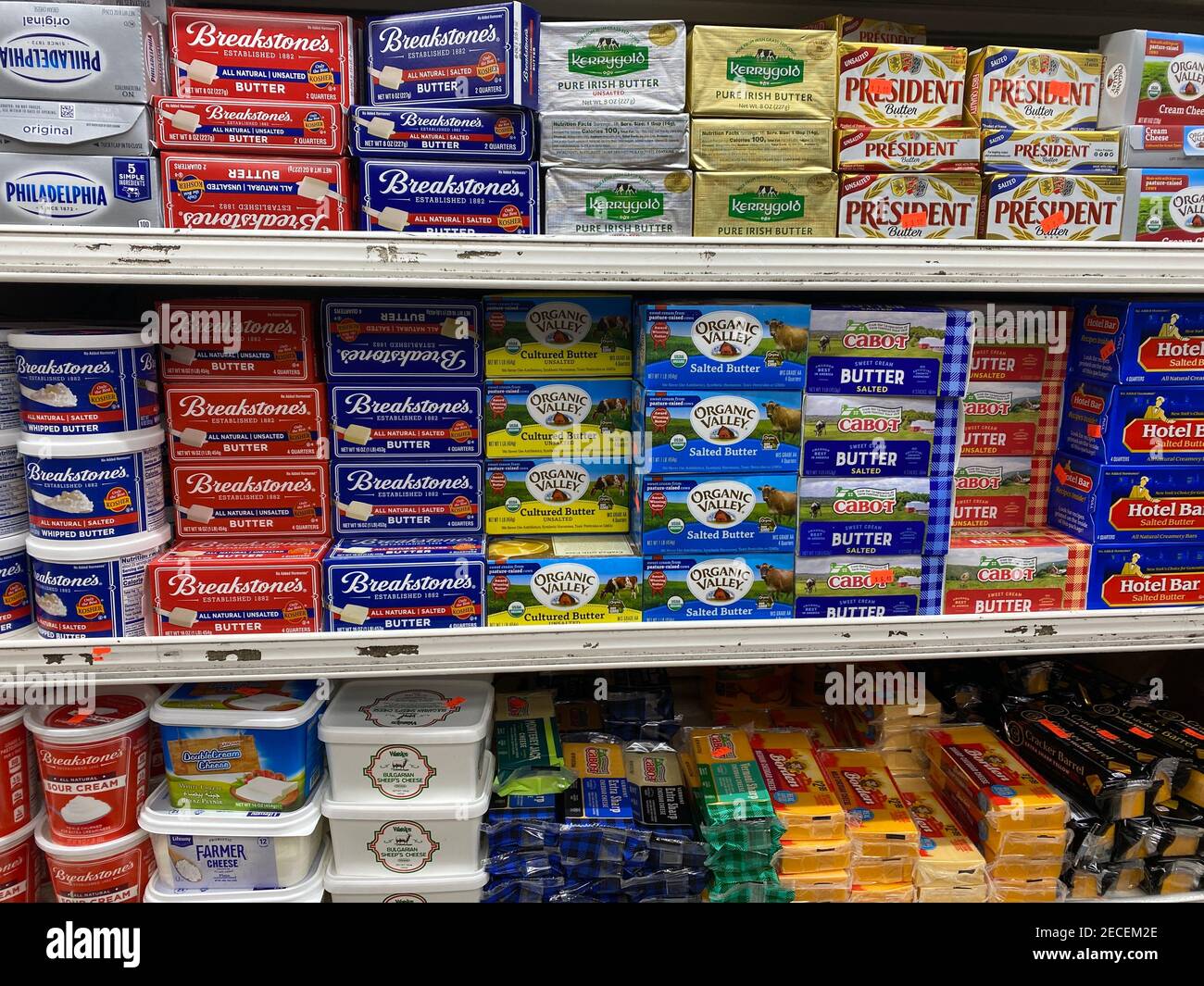 Butter and cheese isle at a grocery store in Brooklyn, New York Stock