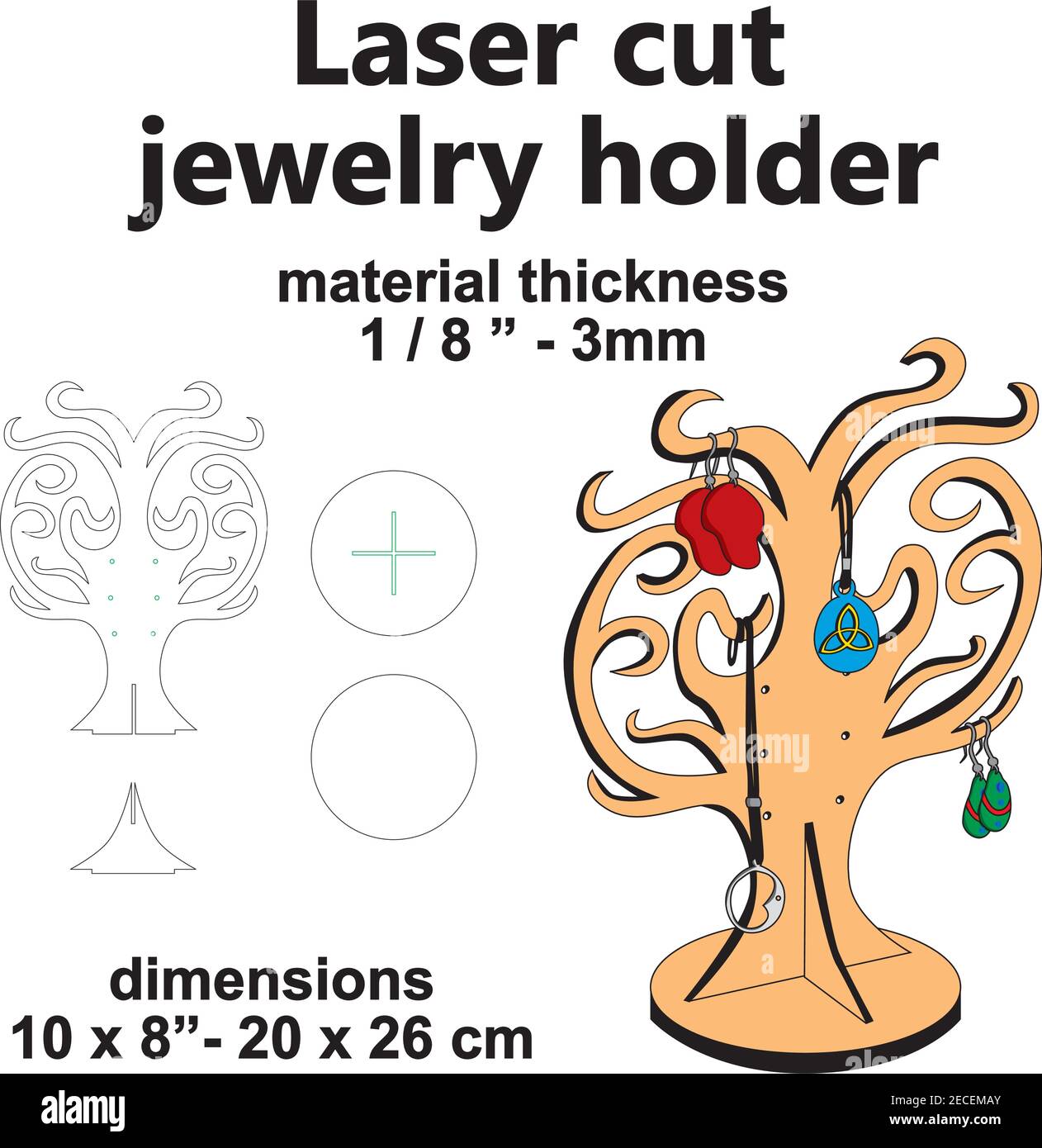 Laser cutting Laser cut jewelry earring pendant holder display vector template pattern wooden wood plywood mdf acrylic design Stock Vector