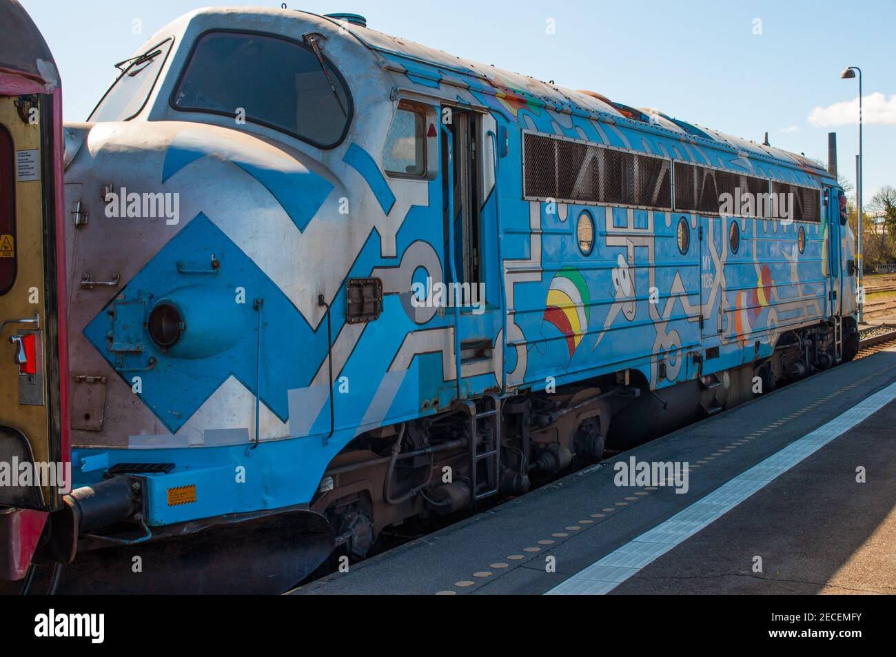 Nykoebing Denmark - April 22. 2016: Blue MY vintage diesel locomotive at Nykoebing F train station Stock Photo