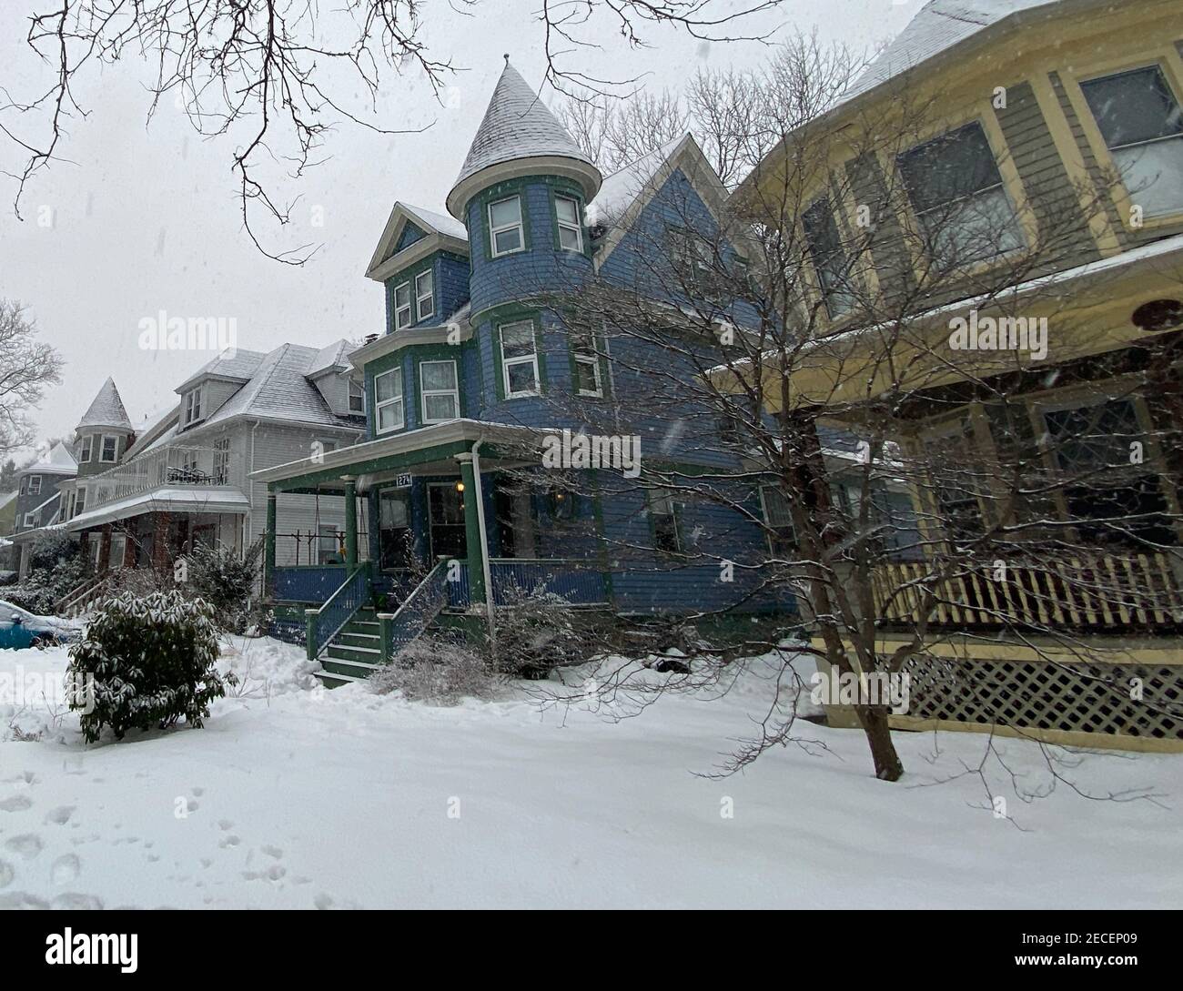 Snowy day in the Ditmas Park neighborhood known for its many large Victorian style homes in Brooklyn, New York. Stock Photo