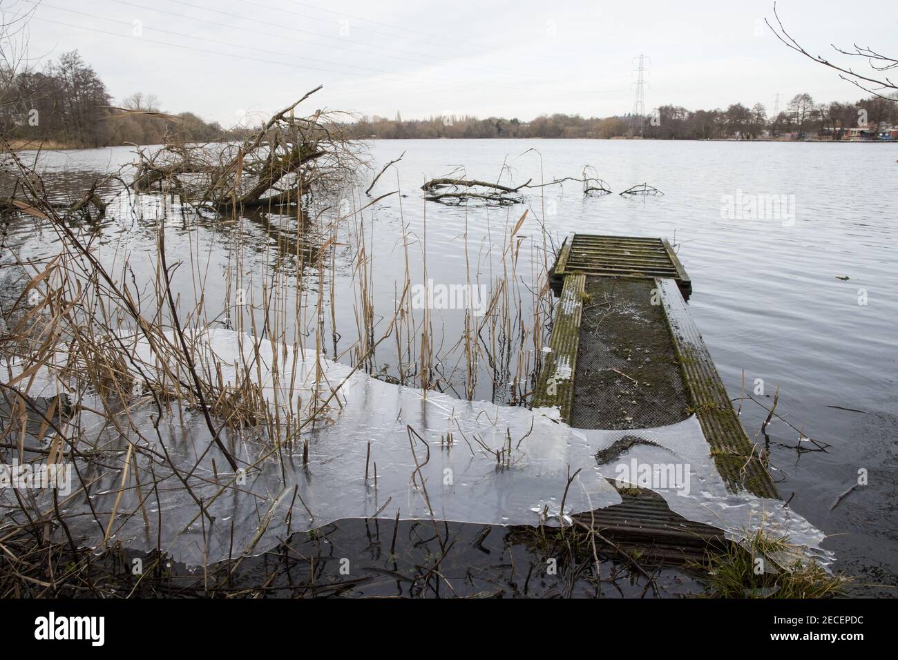 Harefield, UK. 13th February, 2021. Ice is pictured alongside a jetty on the edge of a lake in the Colne Valley. The current spell of cold weather is expected to be replaced by milder conditions after tomorrow. Credit: Mark Kerrison/Alamy Live News Stock Photo