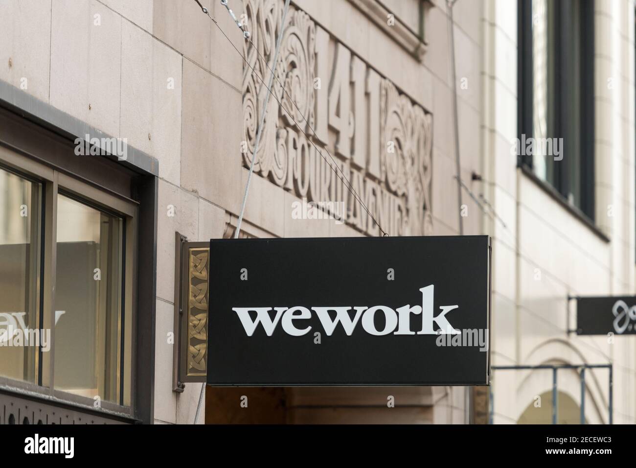 Seattle, USA - Feb 24, 2020: The WeWork space in downtown late in the day at the start of the Covid-19 Pandemic. Many shared office spaces face an unc Stock Photo