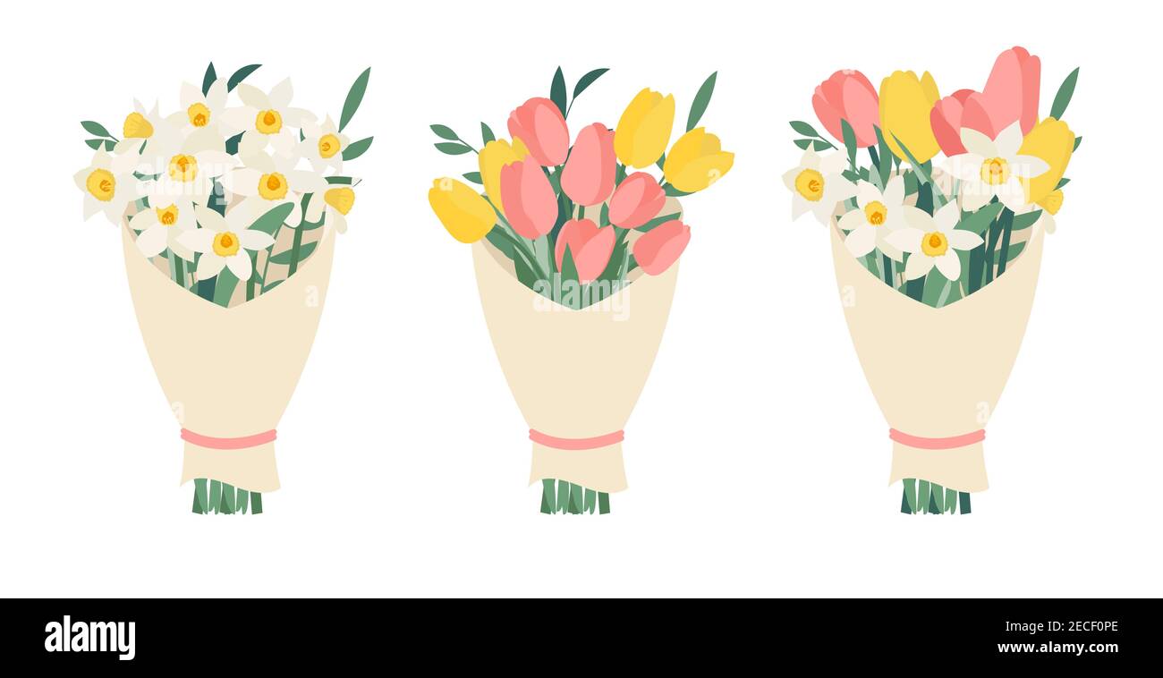 Bouquet collection set with spring flowers tulips and daffodils ...
