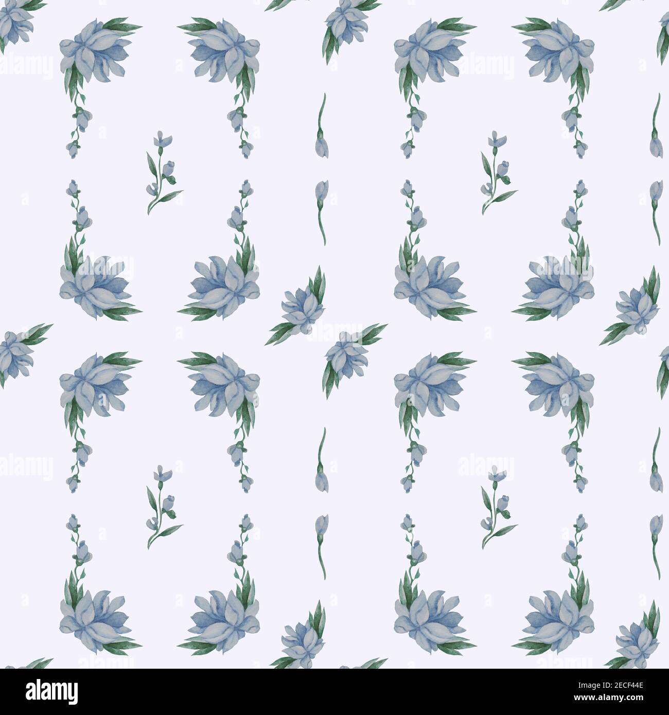 Seamless patterns. Blue flowers, buds and leaves on a white background ...