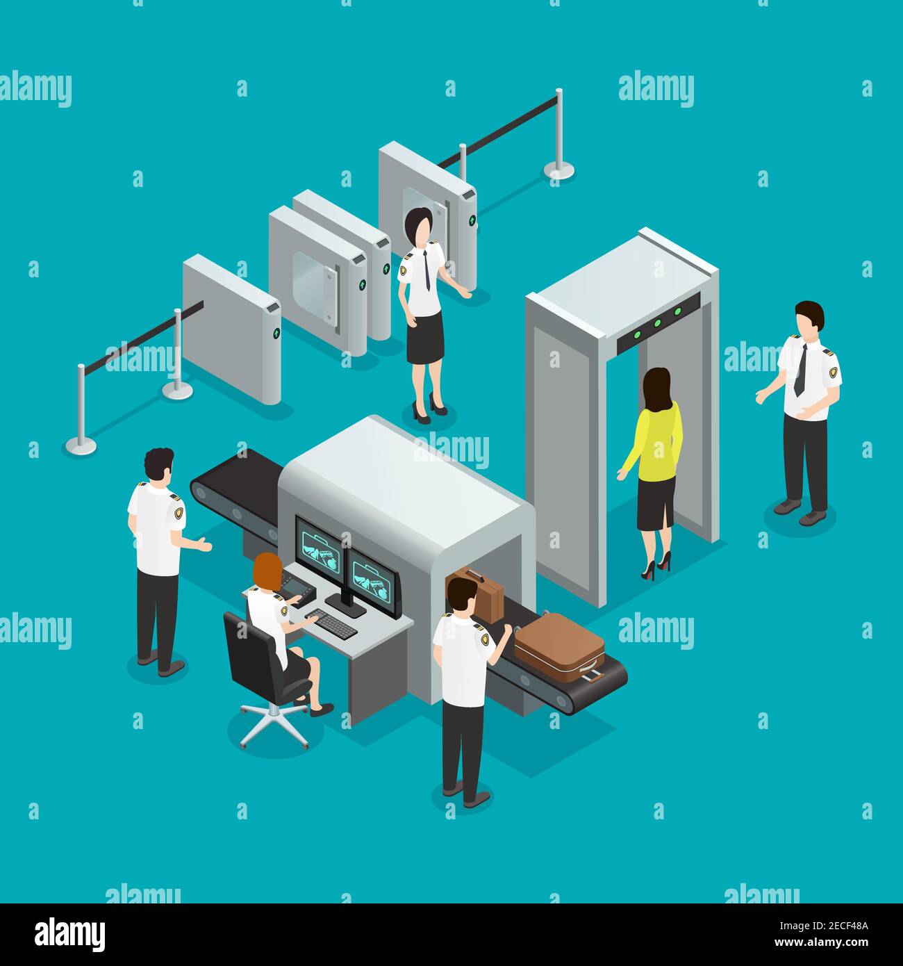 Airport safety security gates check isometric composition with hand
