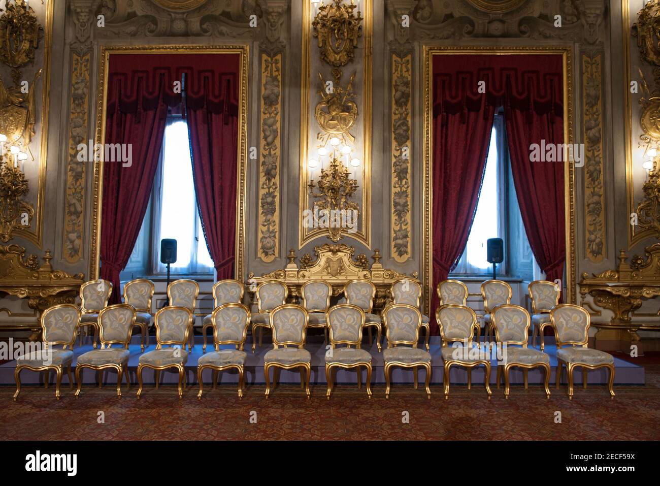 ROME, ITALY - SEPTEMBER, 05 2014: The seats for new ministers are ready ahead of the swearing ceremony at the Quirinale Palace in Rome. ©Andrea Sabbad Stock Photo
