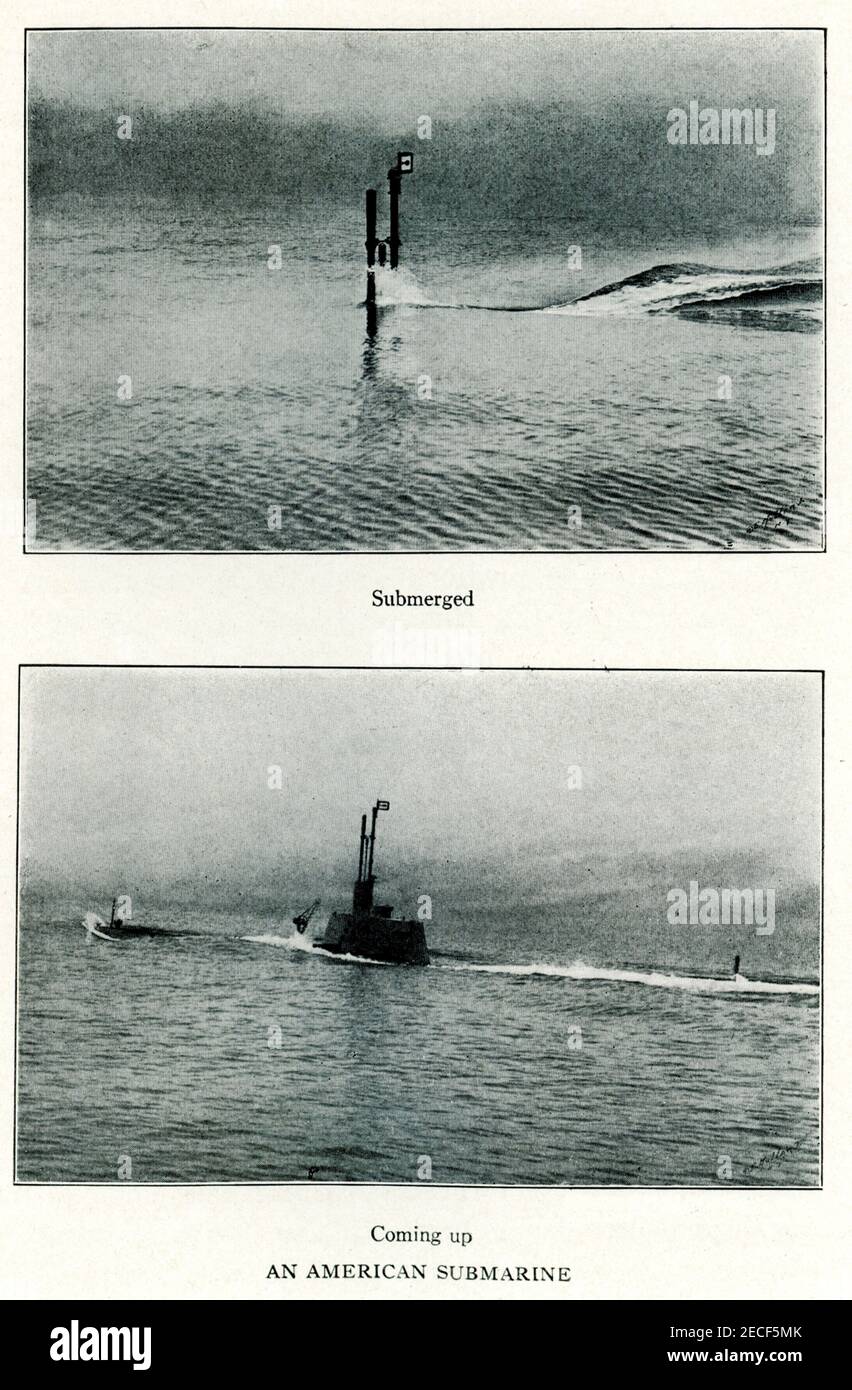 This photo from World war I shows an american submarine submerged (top) and coming up (bottom). Photo is by Robert Enrique Muller, sometimes credited as Enrique Muller, Jr. and as E. Muller, was an official photographer for the United States Navy, and an author. He took photos of military ships in action. Stock Photo