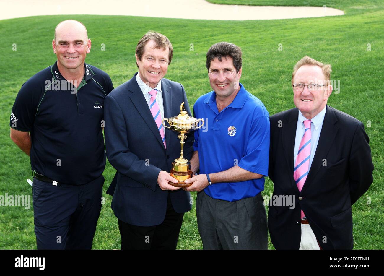 Golf - Ryder Cup Press Conference - Abu Dhabi Golf Club - 18/1/11 Spain's  Jose Maria Olazabal (2nd R) poses with Chairman of the European Tour  Tournament Committee Thomas Bjorn (L), chief