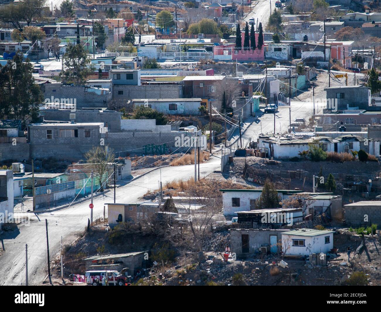 Juarez, Mexcio - January 23, 2011:  View of homes and gritty backstreets in sprawling Ciudad Juarez, Chihuahua, Mexico. Stock Photo