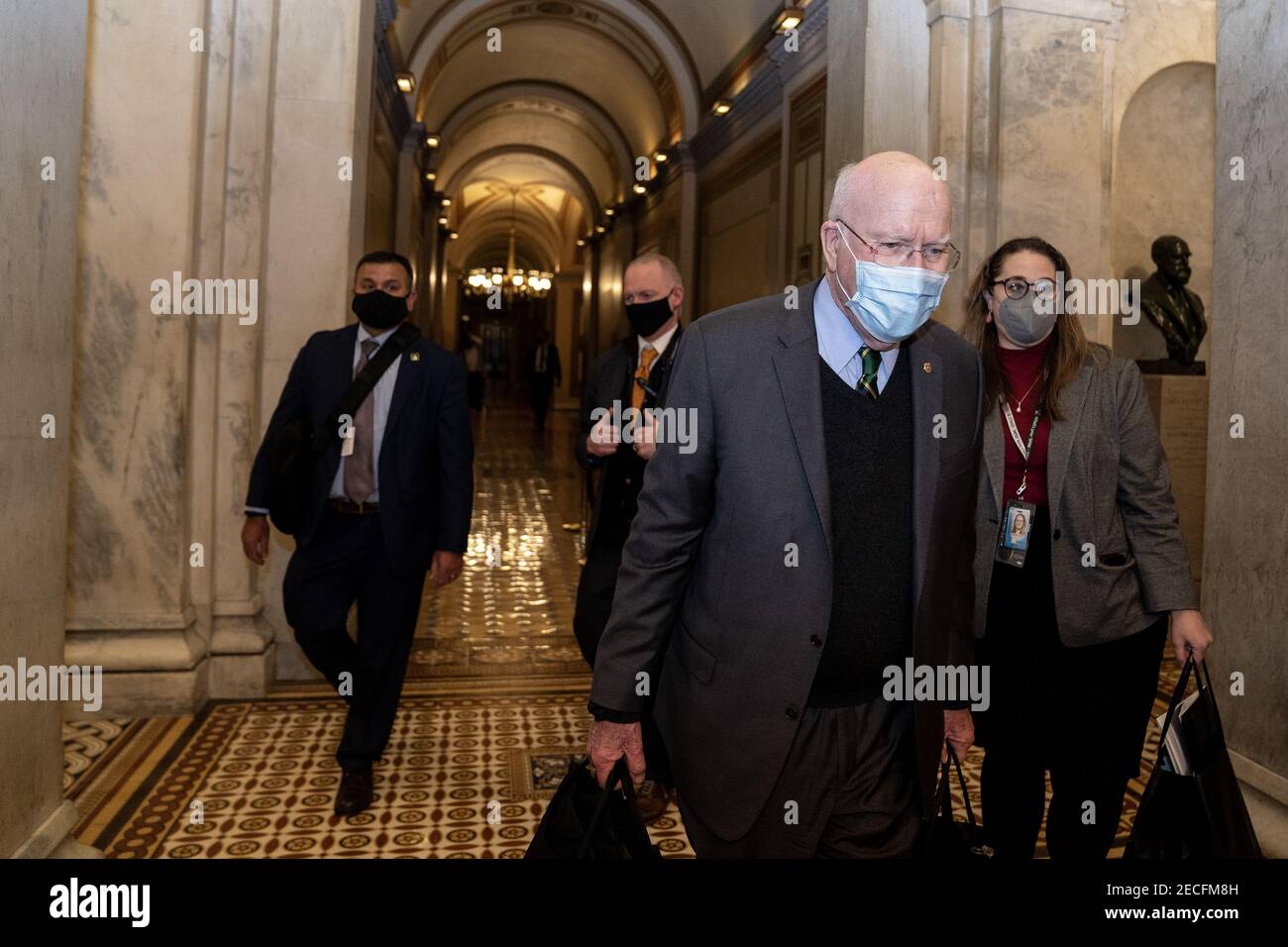 Washington, United States. 13th Feb, 2021. Senator Patrick Leahy, D-VT, departs the U.S. Capitol in Washington, DC on Saturday, February 13, 2021 after Donald Trump's second impeachment trial ended in a not guilty verdict. The Senate voted Trump guilty 57-43, short of the 2/3 majority needed for conviction. Pool photo by Stefani Reynolds/UPI Credit: UPI/Alamy Live News Stock Photo