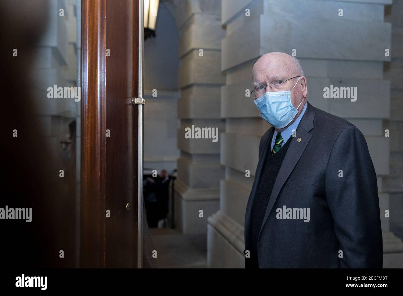 Washington, United States. 13th Feb, 2021. Senator Patrick Leahy, D-VT, departs the U.S. Capitol in Washington, DC on Saturday, February 13, 2021 after Donald Trump's second impeachment trial ended in a not guilty verdict. The Senate voted Trump guilty 57-43, short of the 2/3 majority needed for conviction. Pool photo by Stefani Reynolds/UPI Credit: UPI/Alamy Live News Stock Photo